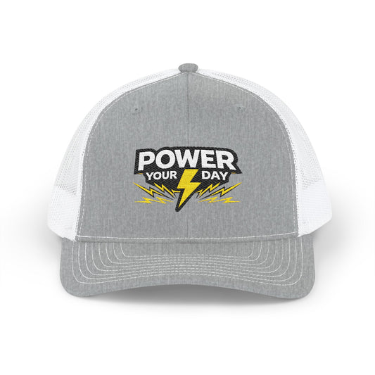 Power Your Day Snapback Trucker Cap — Embroidered Lightning Bolt