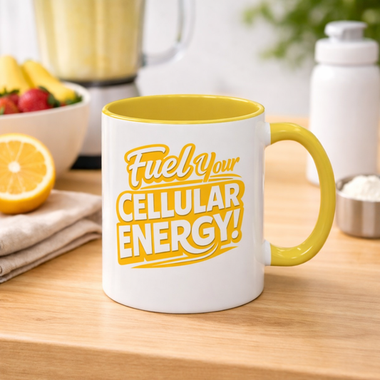 Fuel Your Cellular Energy! Yellow Accent Coffee Mug (11oz & 15oz)