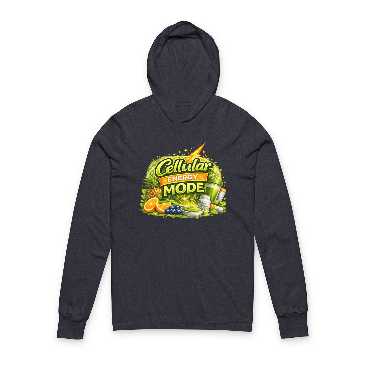 Hooded Long Sleeve Tee — "Cellular Energy Mode" Tropical Fruit Graphic