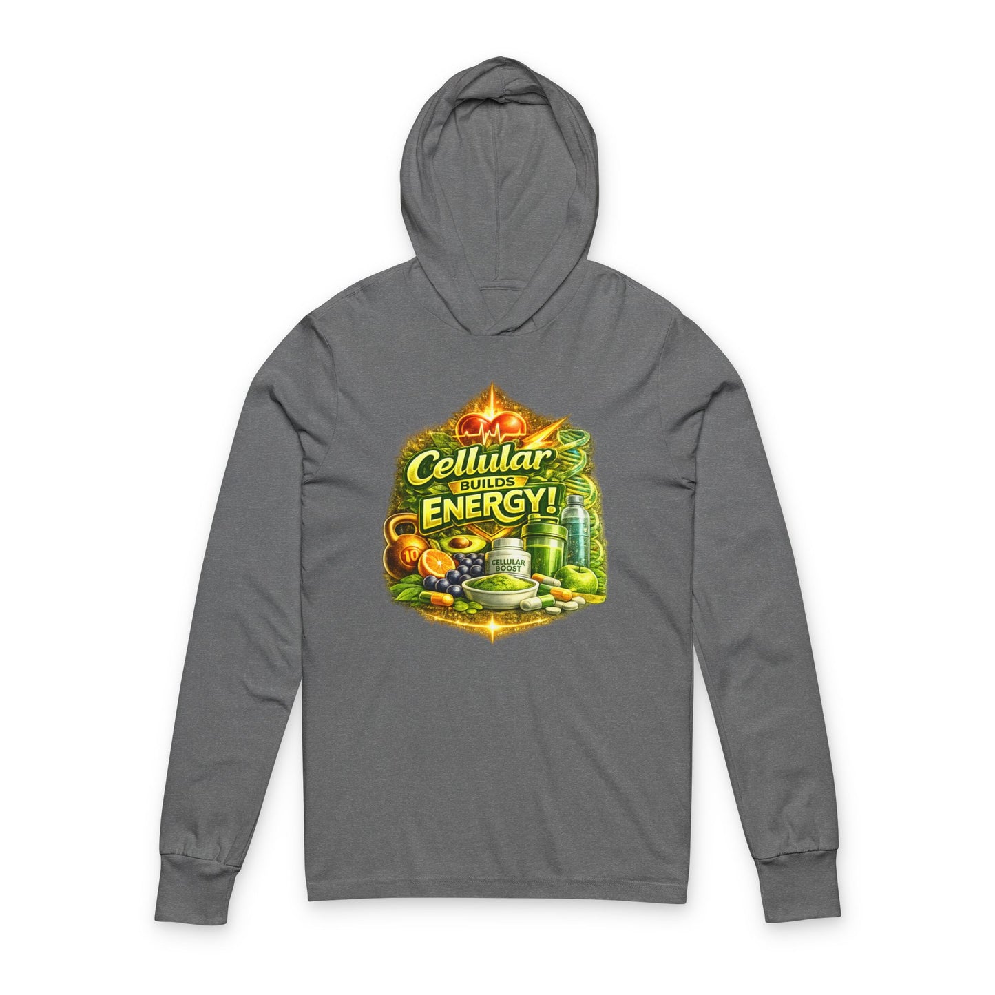Hooded Long Sleeve Tee — "Cellular Builds Energy" Retro Science Graphic