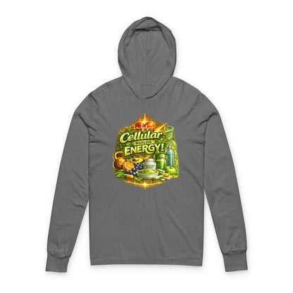 Hooded Long Sleeve Tee — "Cellular Builds Energy" Retro Science Graphic