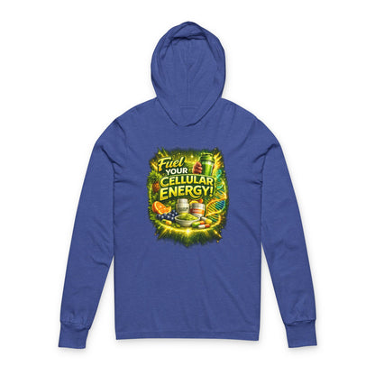 Hooded Long Sleeve Tee — "Fuel Your Cellular Energy" Tropical Wellness Graphic