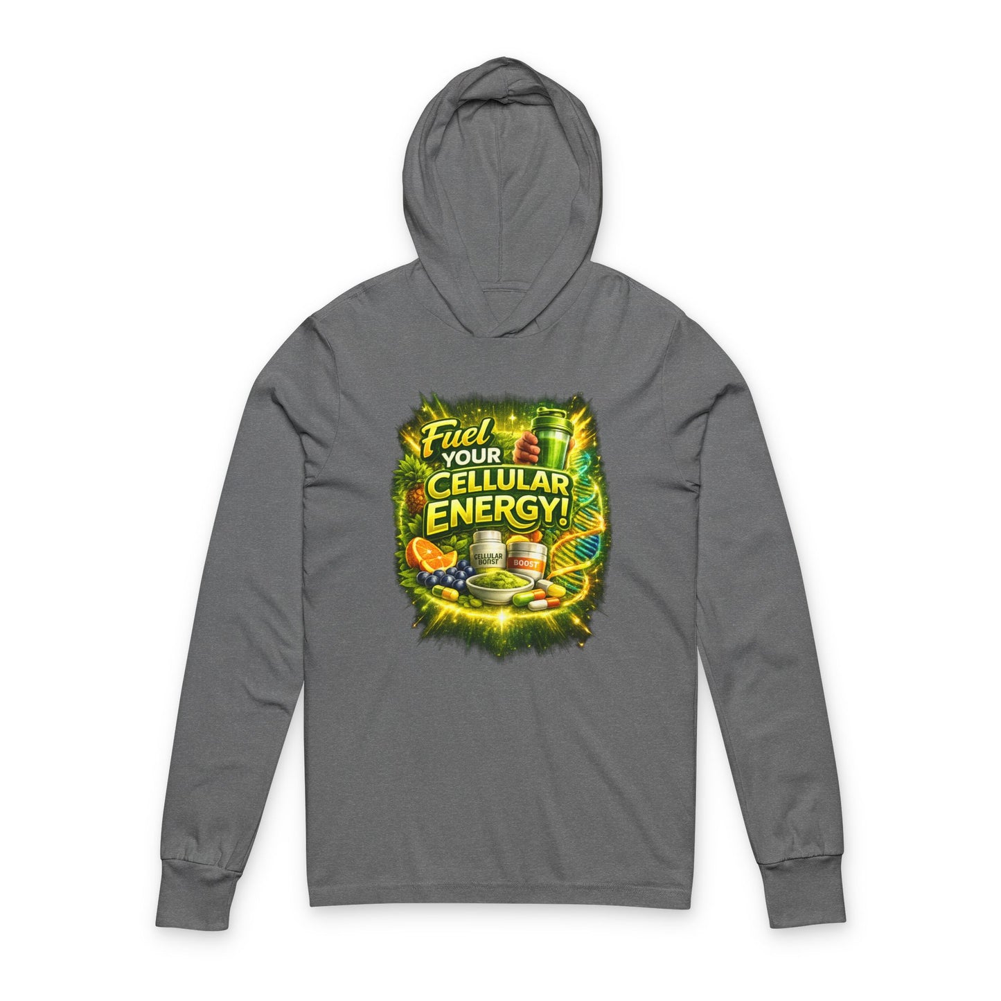 Hooded Long Sleeve Tee — "Fuel Your Cellular Energy" Tropical Wellness Graphic