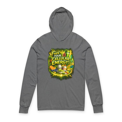 Hooded Long Sleeve Tee — "Fuel Your Cellular Energy" Tropical Wellness Graphic