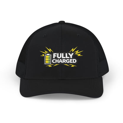 Fully Charged Snapback Trucker Cap — Embroidered Battery Graphic
