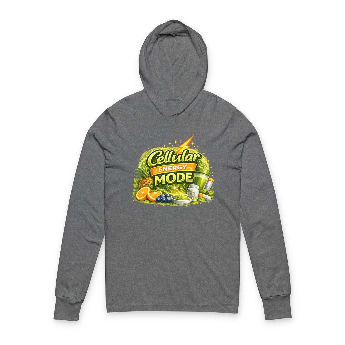 Hooded Long Sleeve Tee — "Cellular Energy Mode" Tropical Fruit Graphic