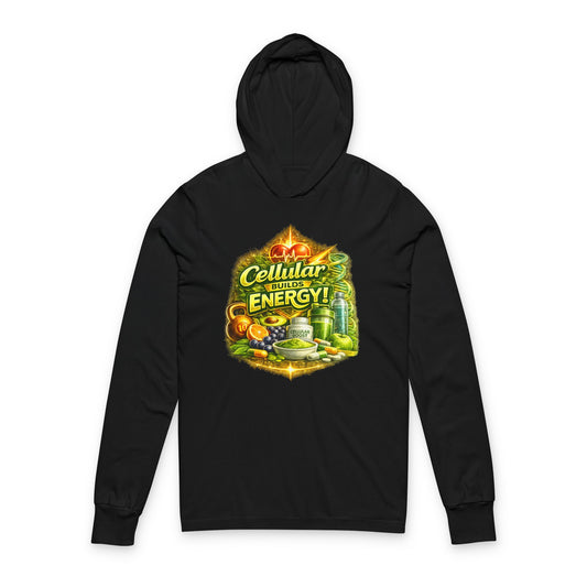 Hooded Long Sleeve Tee — "Cellular Builds Energy" Retro Science Graphic