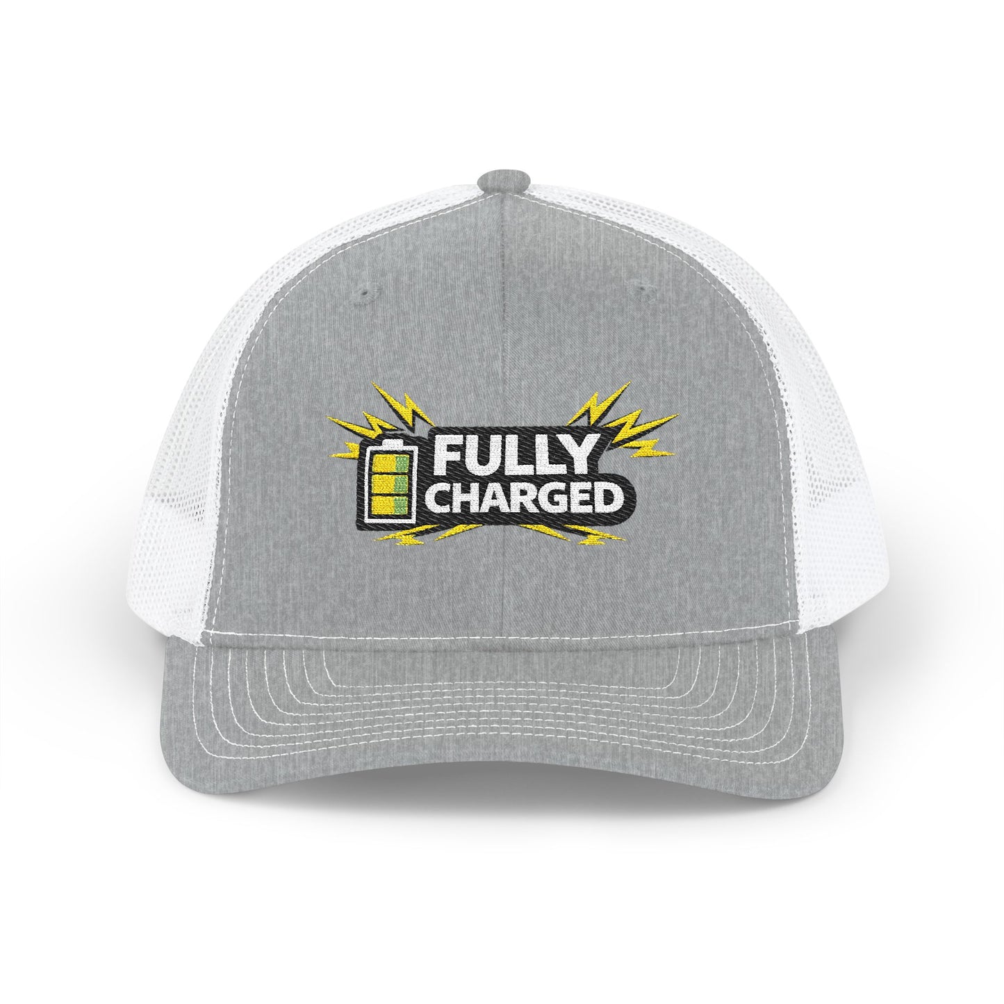 Fully Charged Snapback Trucker Cap — Embroidered Battery Graphic