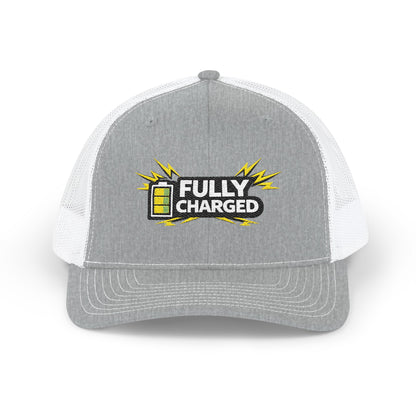 Fully Charged Snapback Trucker Cap — Embroidered Battery Graphic