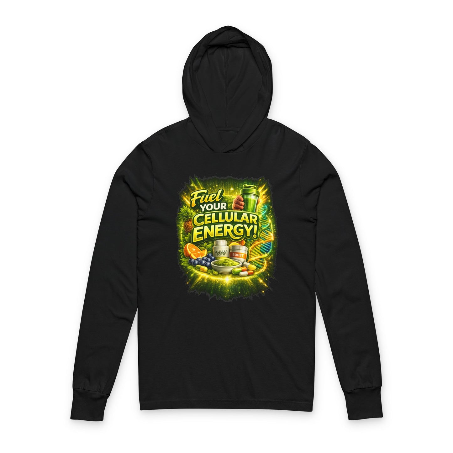 Hooded Long Sleeve Tee — "Fuel Your Cellular Energy" Tropical Wellness Graphic