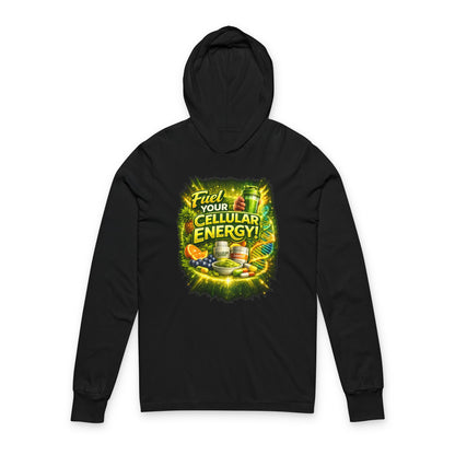 Hooded Long Sleeve Tee — "Fuel Your Cellular Energy" Tropical Wellness Graphic