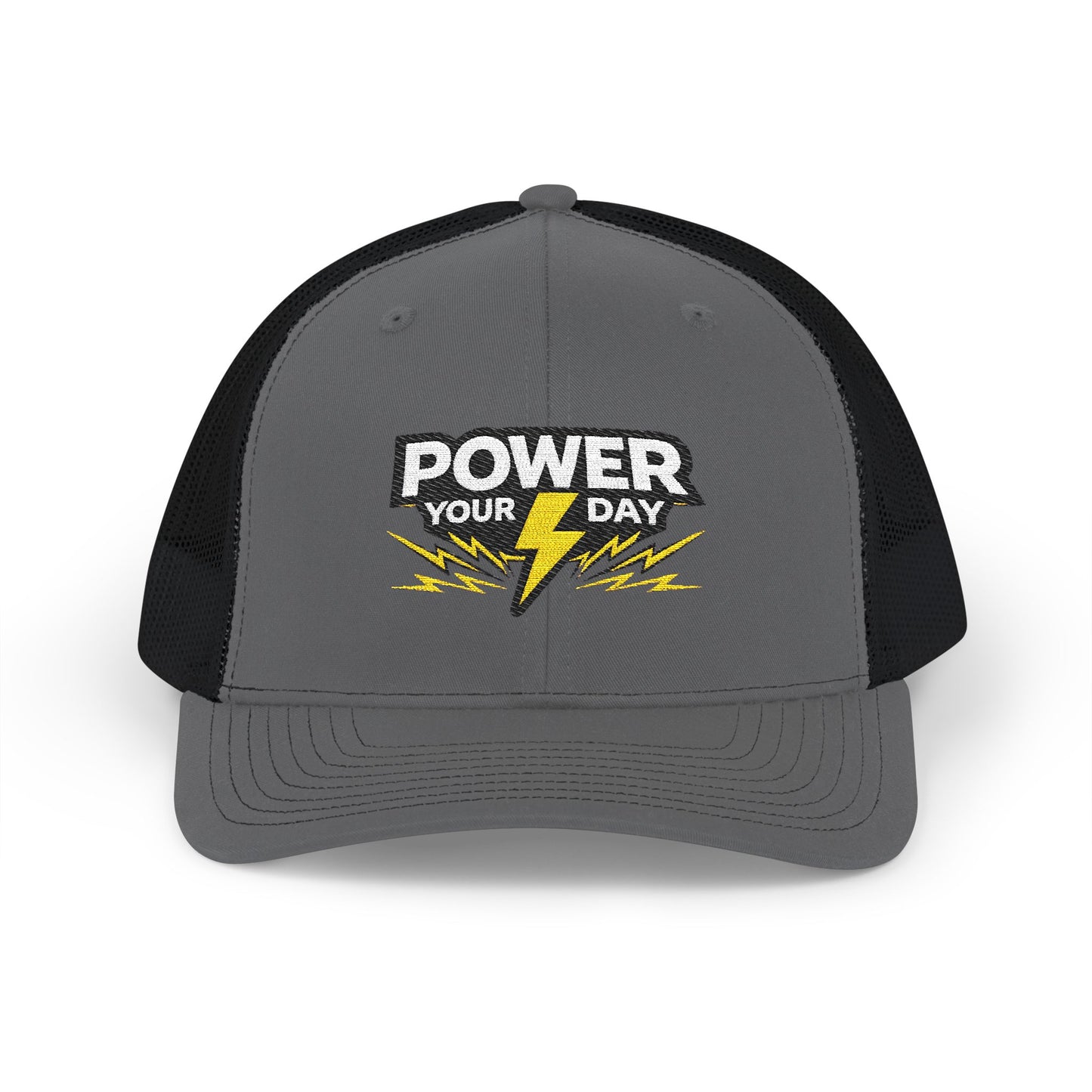 Power Your Day Snapback Trucker Cap — Embroidered Lightning Bolt