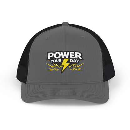 Power Your Day Snapback Trucker Cap — Embroidered Lightning Bolt