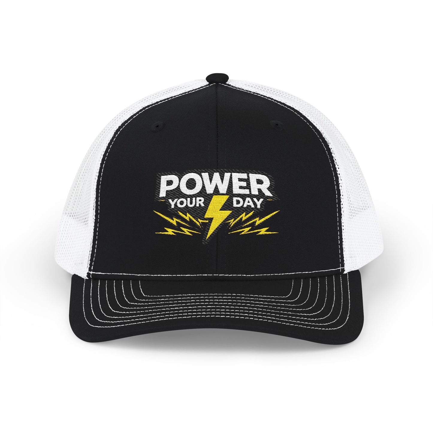 Power Your Day Snapback Trucker Cap — Embroidered Lightning Bolt