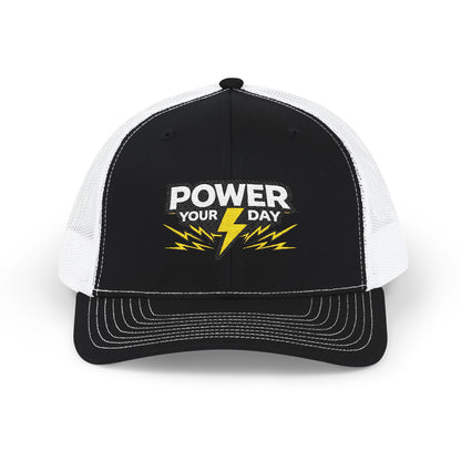 Power Your Day Snapback Trucker Cap — Embroidered Lightning Bolt