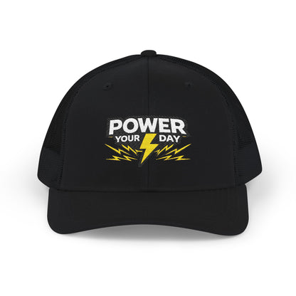 Power Your Day Snapback Trucker Cap — Embroidered Lightning Bolt