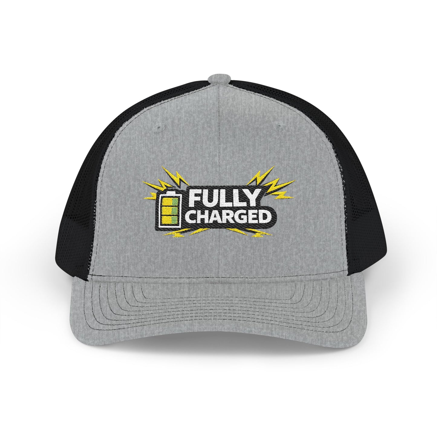 Fully Charged Snapback Trucker Cap — Embroidered Battery Graphic