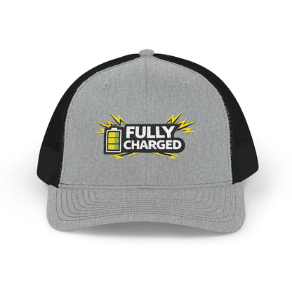 Fully Charged Snapback Trucker Cap — Embroidered Battery Graphic