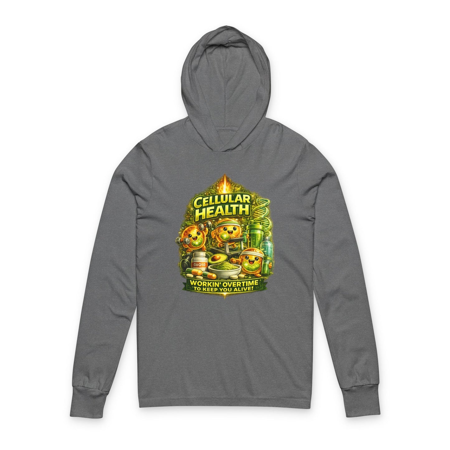 Cellular Health Graphic Hooded Tee — "Workin' Overtime" Long Sleeve