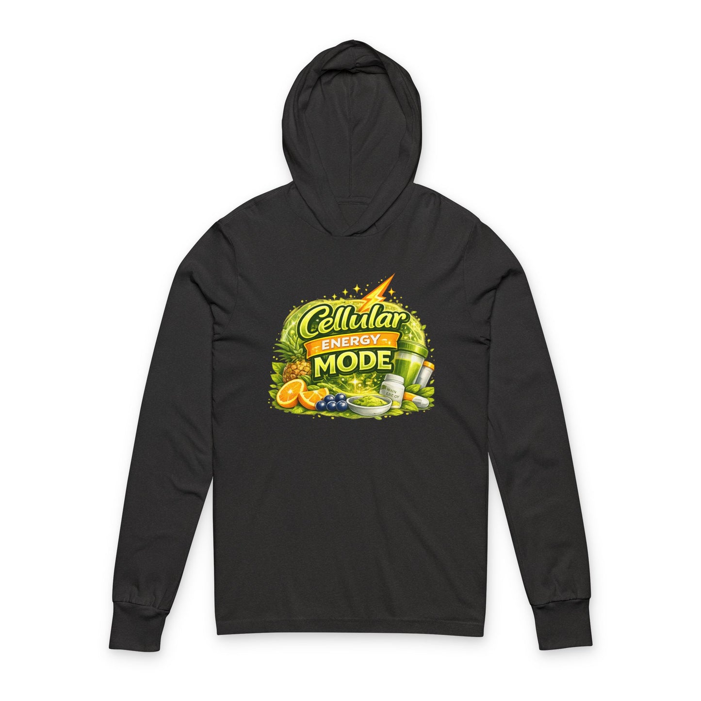 Hooded Long Sleeve Tee — "Cellular Energy Mode" Tropical Fruit Graphic