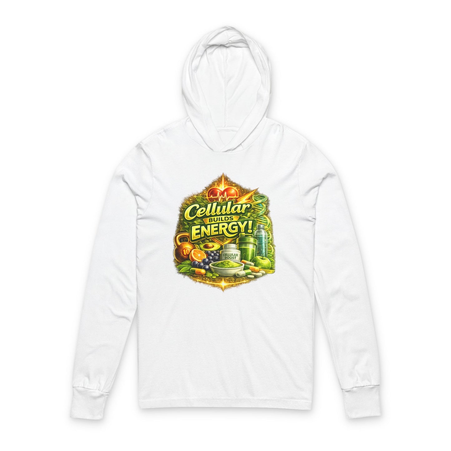 Hooded Long Sleeve Tee — "Cellular Builds Energy" Retro Science Graphic