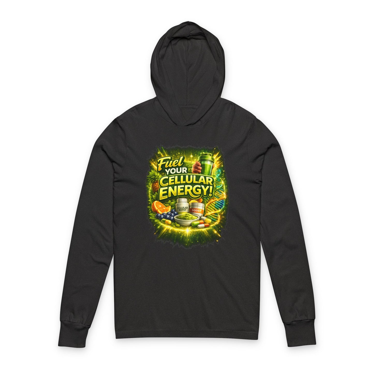 Hooded Long Sleeve Tee — "Fuel Your Cellular Energy" Tropical Wellness Graphic