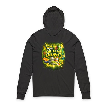 Hooded Long Sleeve Tee — "Fuel Your Cellular Energy" Tropical Wellness Graphic