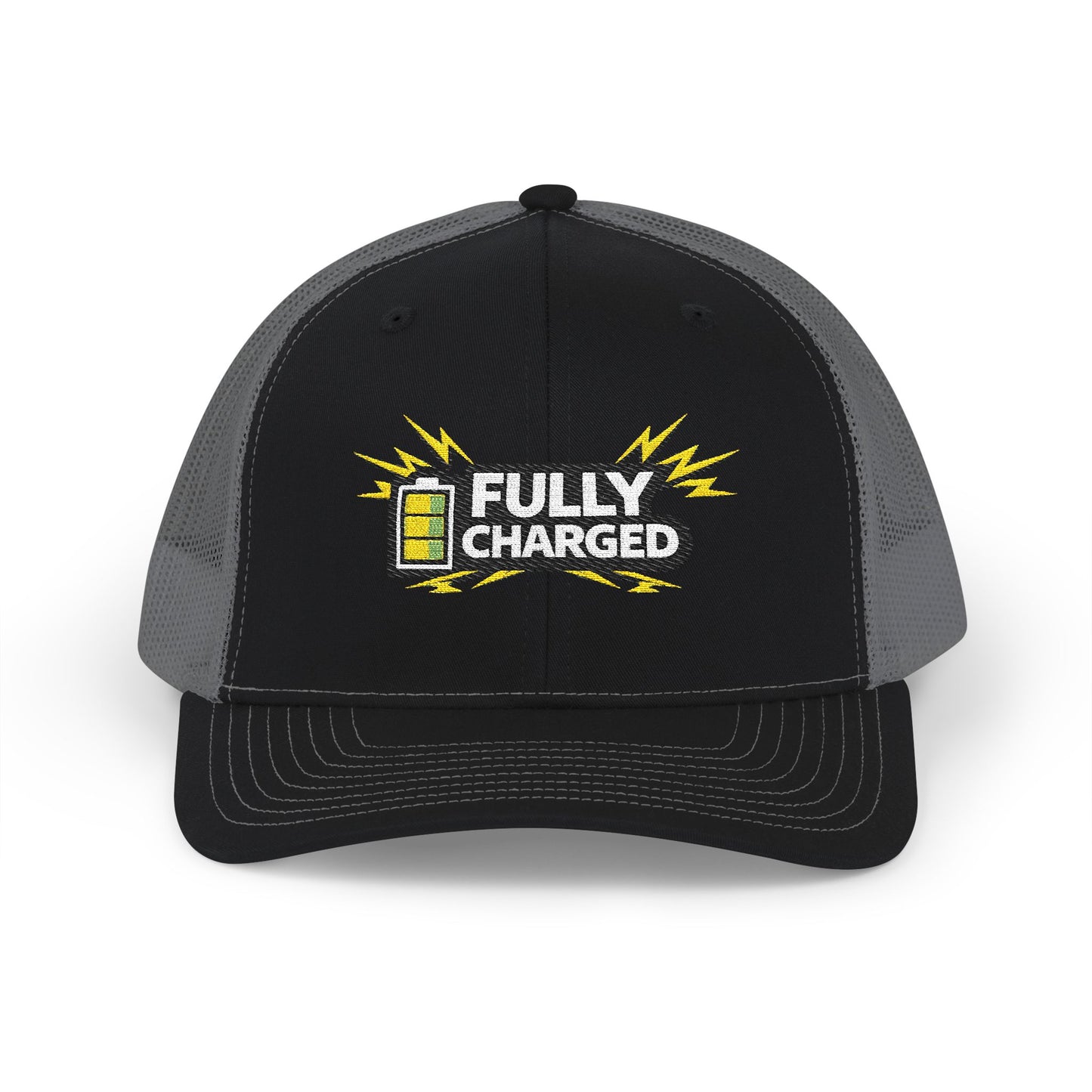 Fully Charged Snapback Trucker Cap — Embroidered Battery Graphic