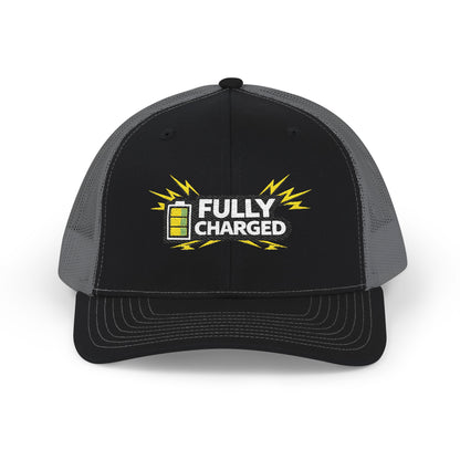 Fully Charged Snapback Trucker Cap — Embroidered Battery Graphic