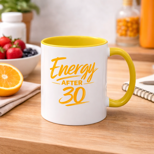 Energy After 30 Mug — Yellow Accent Ceramic Coffee Cup (11oz, 15oz)