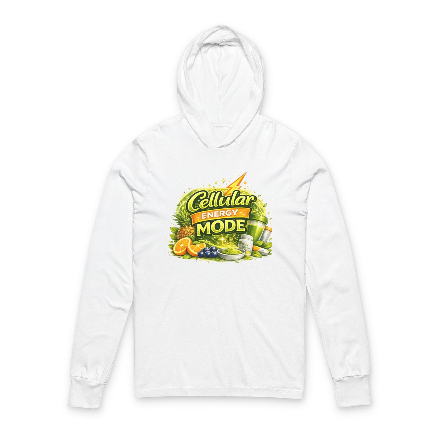 Hooded Long Sleeve Tee — "Cellular Energy Mode" Tropical Fruit Graphic
