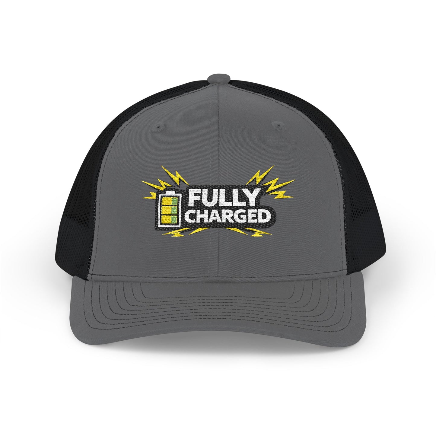 Fully Charged Snapback Trucker Cap — Embroidered Battery Graphic
