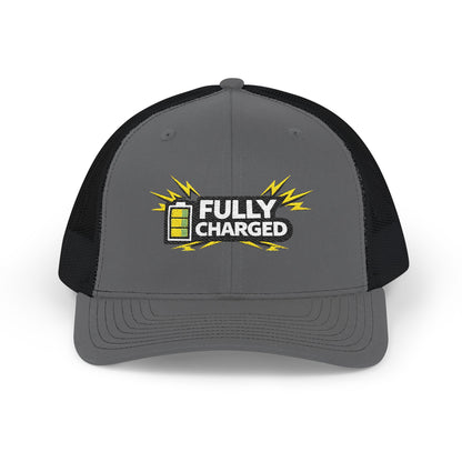 Fully Charged Snapback Trucker Cap — Embroidered Battery Graphic