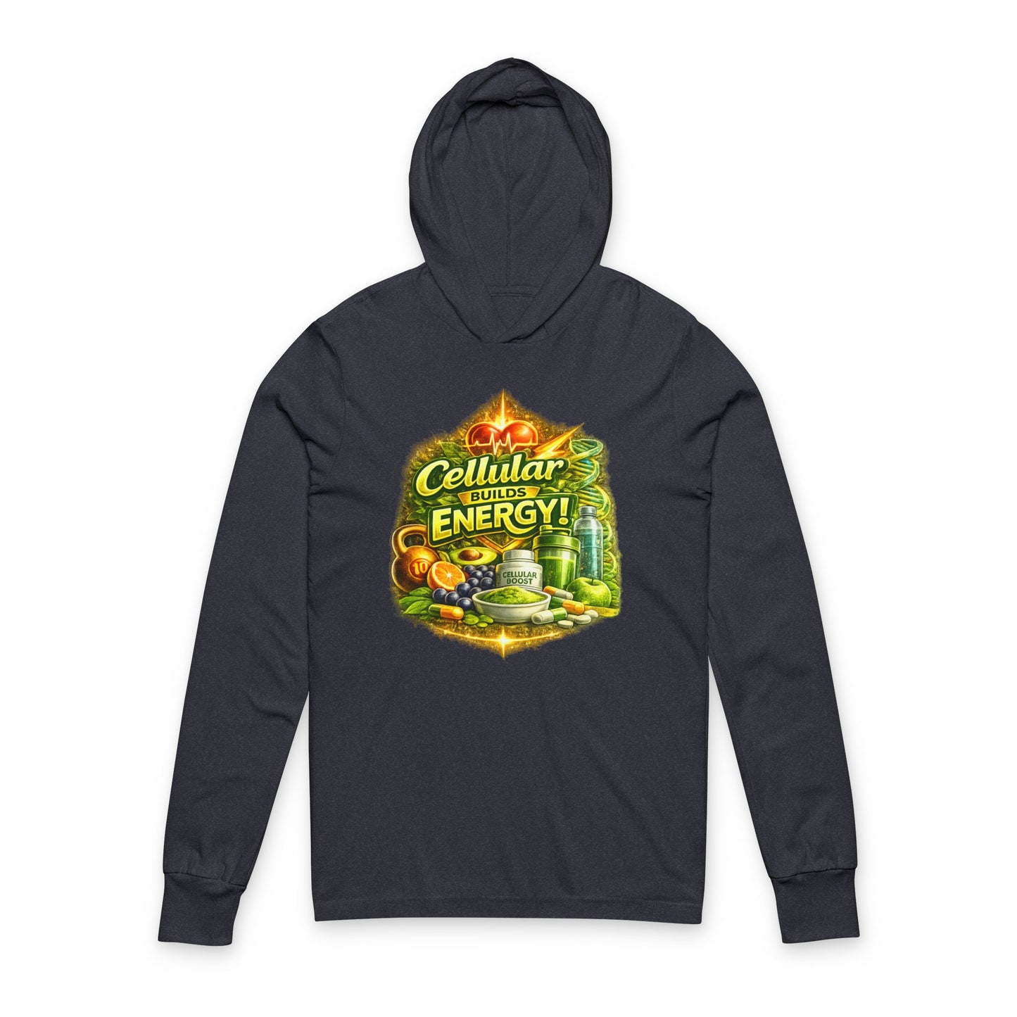 Hooded Long Sleeve Tee — "Cellular Builds Energy" Retro Science Graphic
