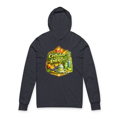Hooded Long Sleeve Tee — "Cellular Builds Energy" Retro Science Graphic