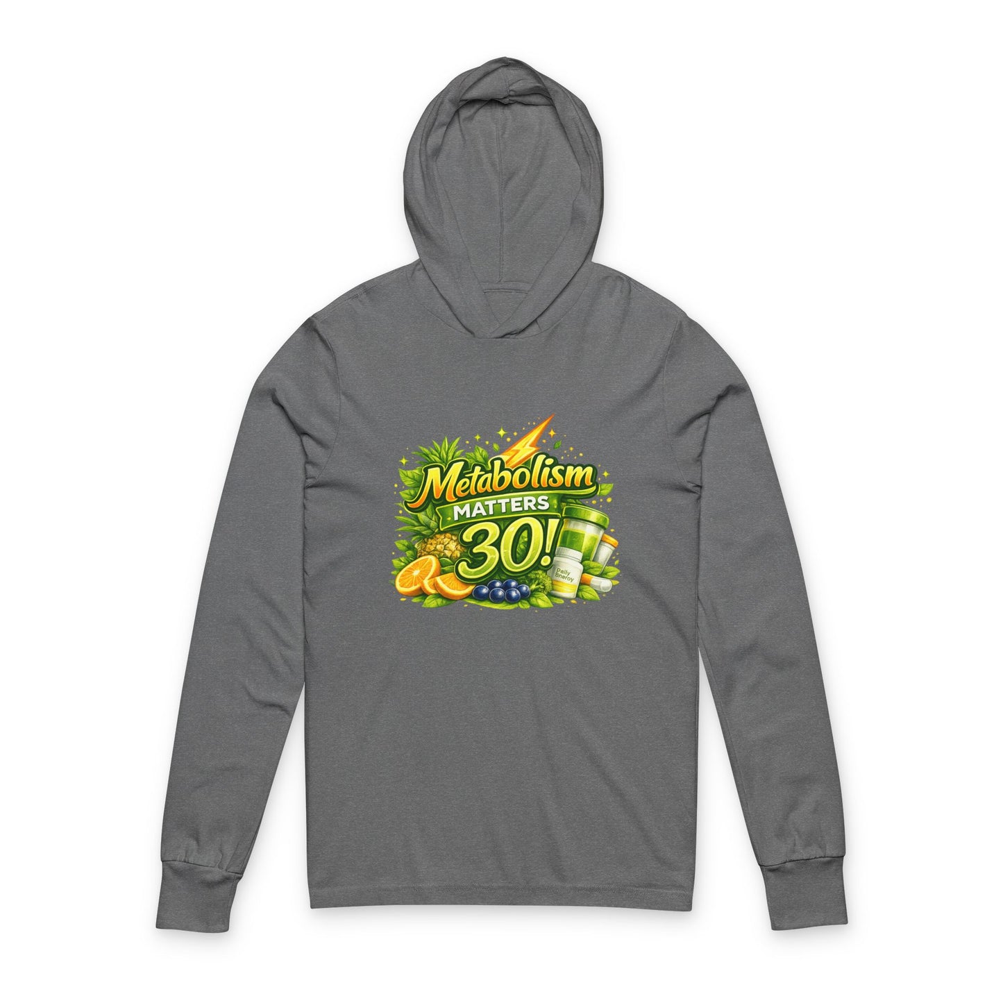 Hooded Long Sleeve Tee — 'Metabolism Matters 30!' Lemon & Smoothie Fitness Graphic