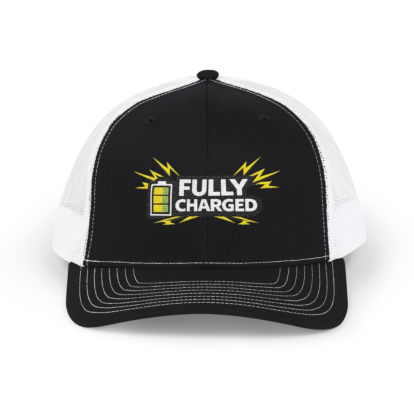 Fully Charged Snapback Trucker Cap — Embroidered Battery Graphic