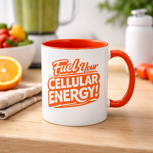 Fuel Your Cellular Energy! Coffee Mug — Bright Orange Accent, Motivational Health Slogan (11oz/15oz)