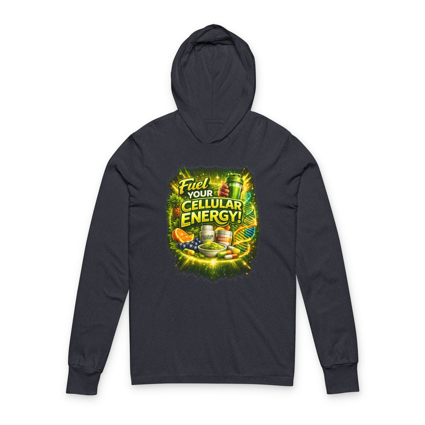 Hooded Long Sleeve Tee — "Fuel Your Cellular Energy" Tropical Wellness Graphic