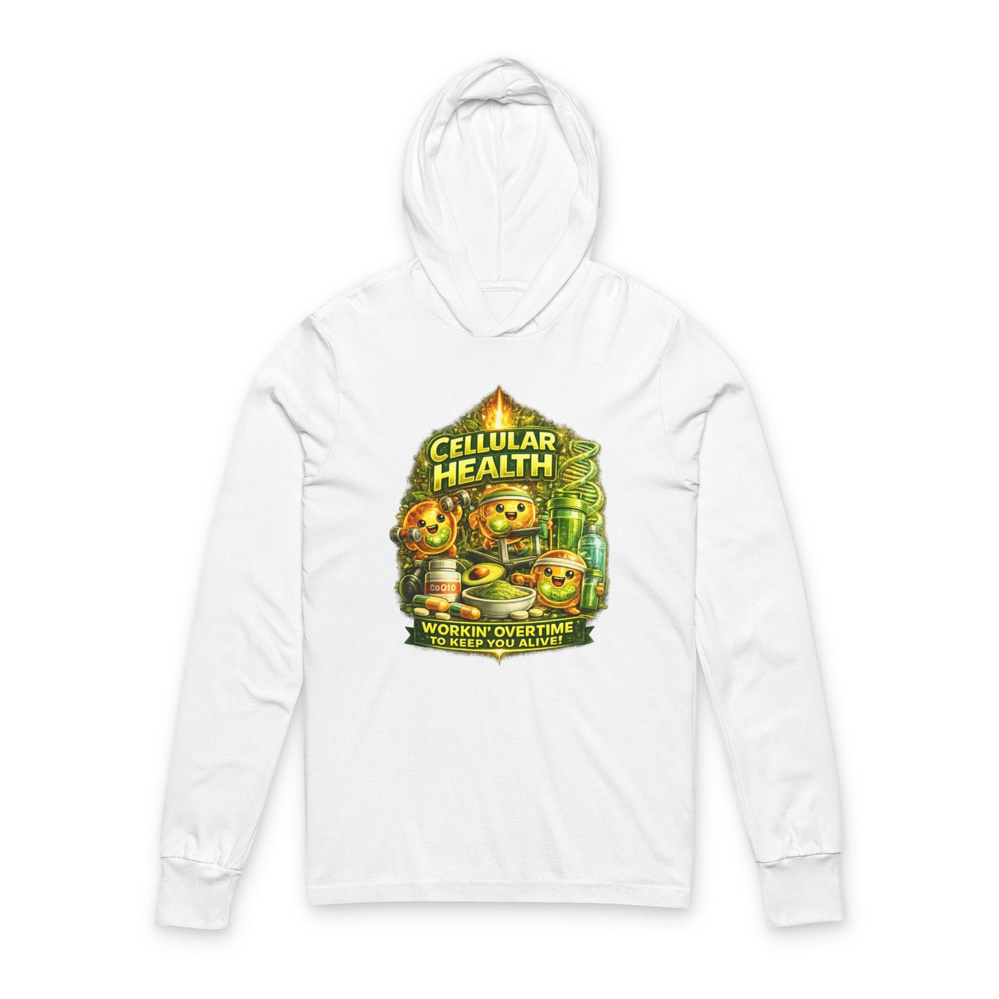 Cellular Health Graphic Hooded Tee — "Workin' Overtime" Long Sleeve