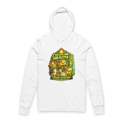 Cellular Health Graphic Hooded Tee — "Workin' Overtime" Long Sleeve