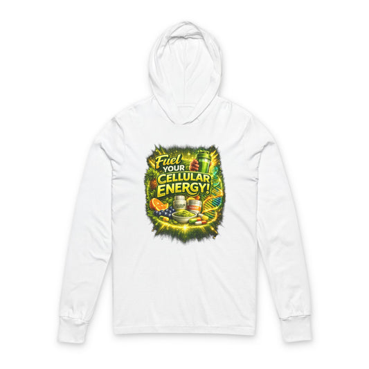 Hooded Long Sleeve Tee — "Fuel Your Cellular Energy" Tropical Wellness Graphic