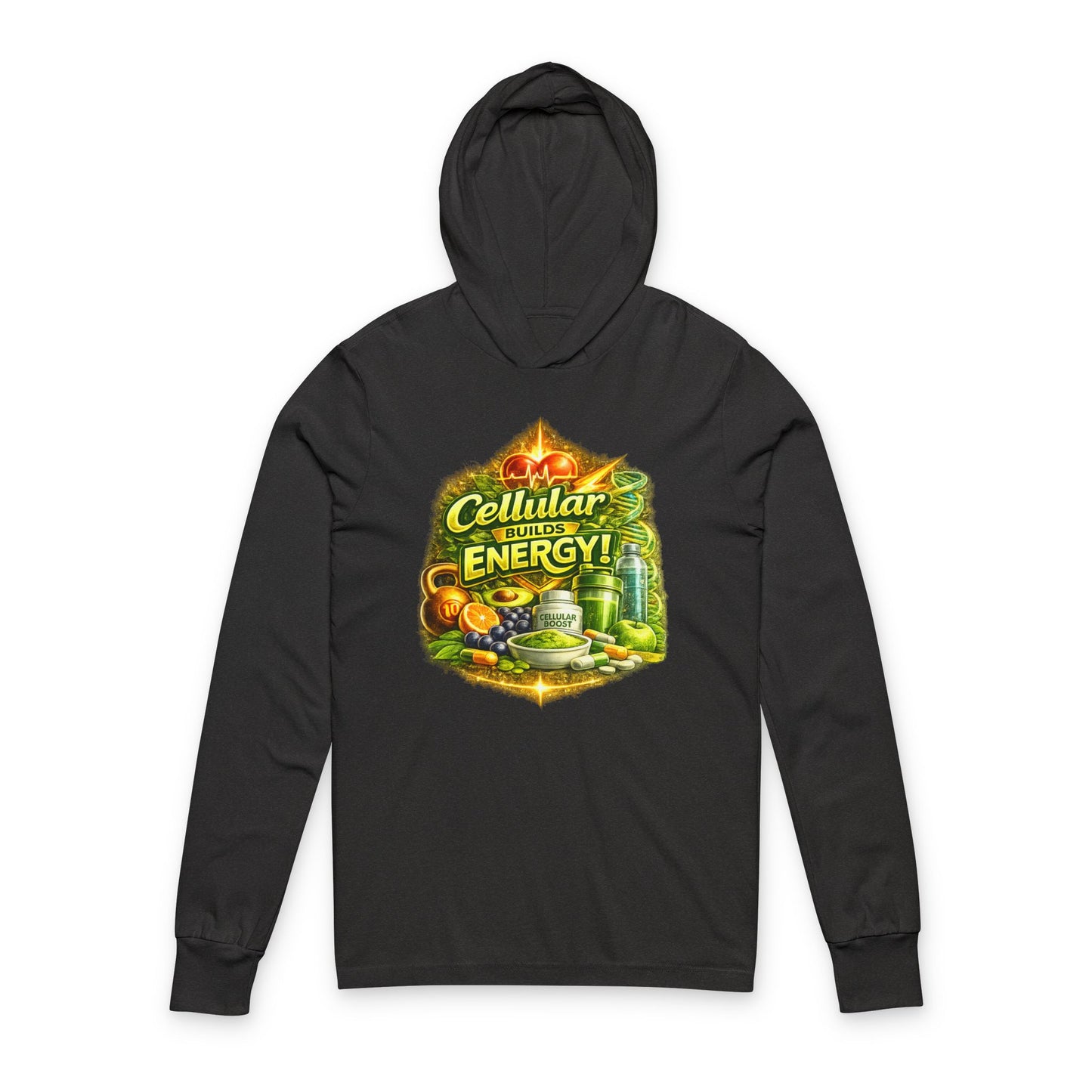 Hooded Long Sleeve Tee — "Cellular Builds Energy" Retro Science Graphic
