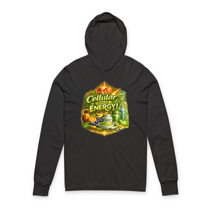 Hooded Long Sleeve Tee — "Cellular Builds Energy" Retro Science Graphic