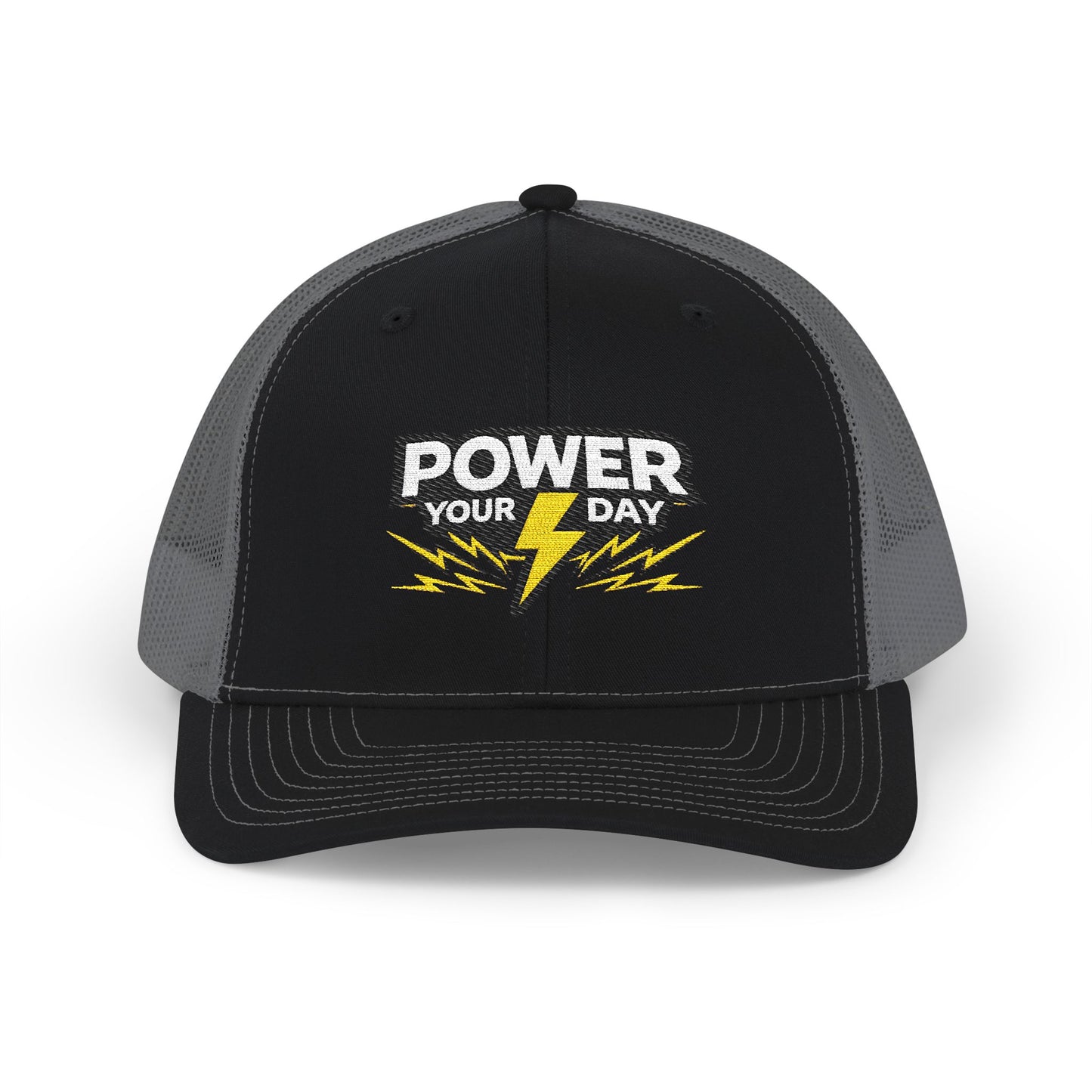 Power Your Day Snapback Trucker Cap — Embroidered Lightning Bolt