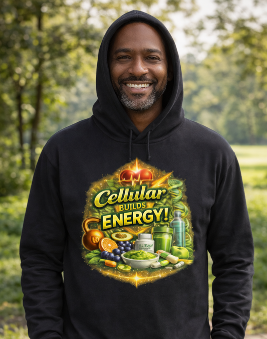 Hooded Long Sleeve Tee — "Cellular Builds Energy" Retro Science Graphic