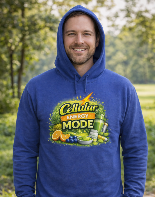 Hooded Long Sleeve Tee — "Cellular Energy Mode" Tropical Fruit Graphic
