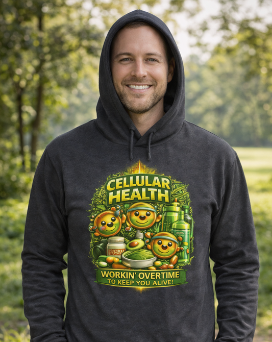 Cellular Health Graphic Hooded Tee — "Workin' Overtime" Long Sleeve