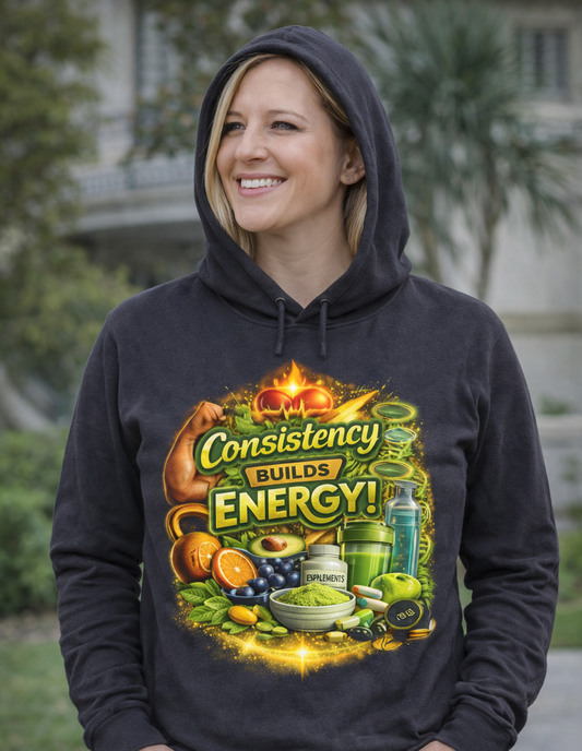 Hooded Long Sleeve Tee — “Consistency Builds Energy” Motivational Fitness Graphic
