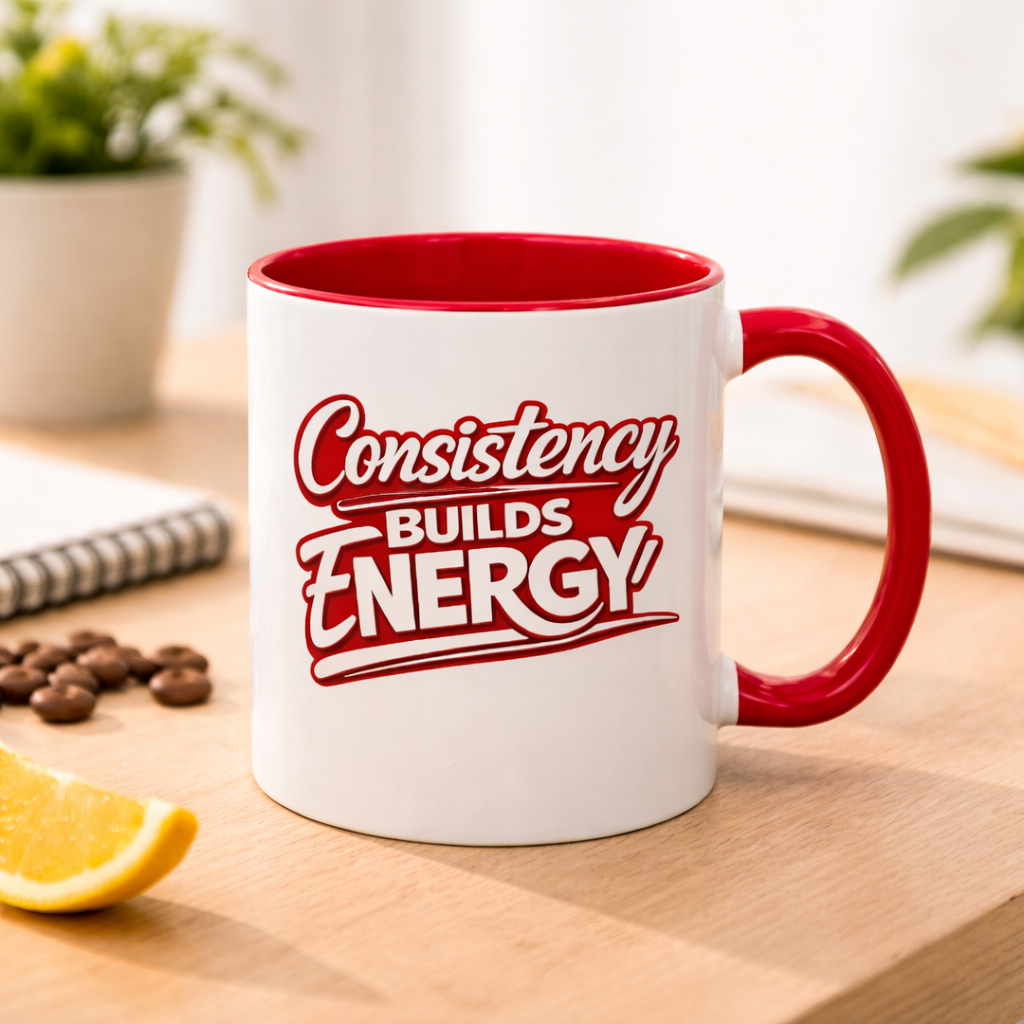 Consistency Builds Energy Coffee Mug — Motivational Red Accent 11oz & 15oz